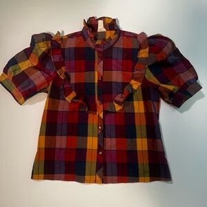 Vintage Multicolor Plaid Ruffle Blouse